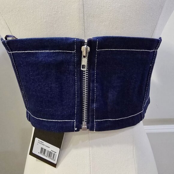 By.DYLN Denim Tube Top – Dark Blue Smocked Strapless Crop w/ Zipper | Deadstock - Picture 7 of 14